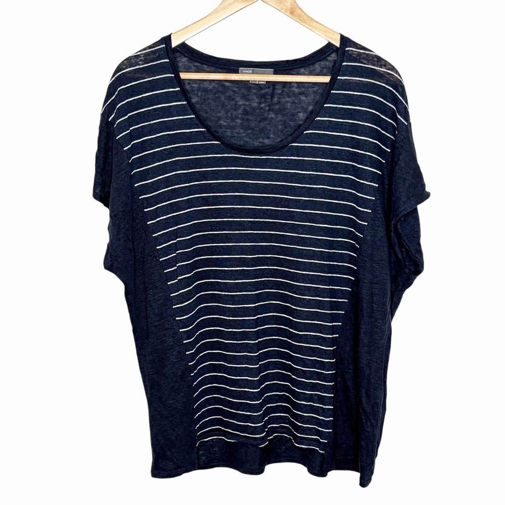 Vince Linen Striped Tee Navy Womens L Minimalist Quiet Luxury Nautical Fisherman